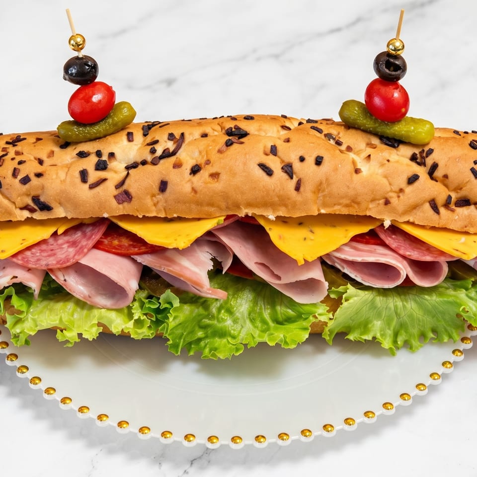 A large submarine sandwich filled with various meats, cheese, and lettuce on a white plate.