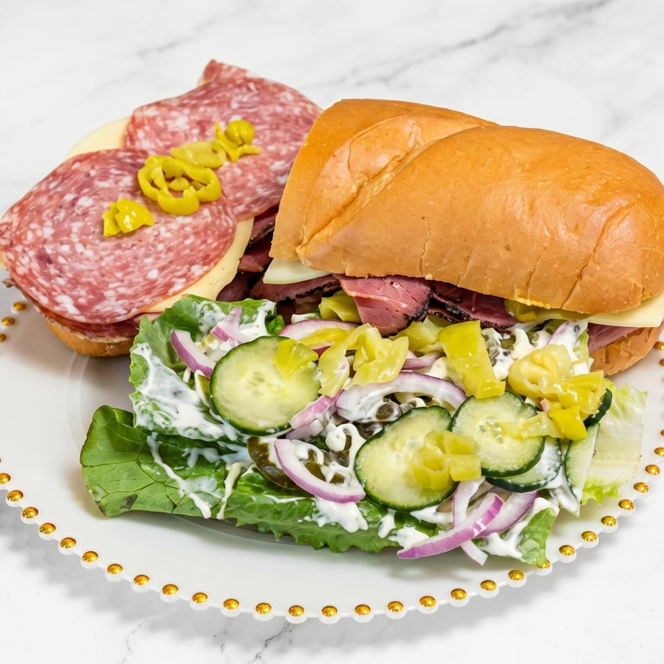 Two halves of a deli sandwich, one with salami and cheese, the other with roast beef and salad.