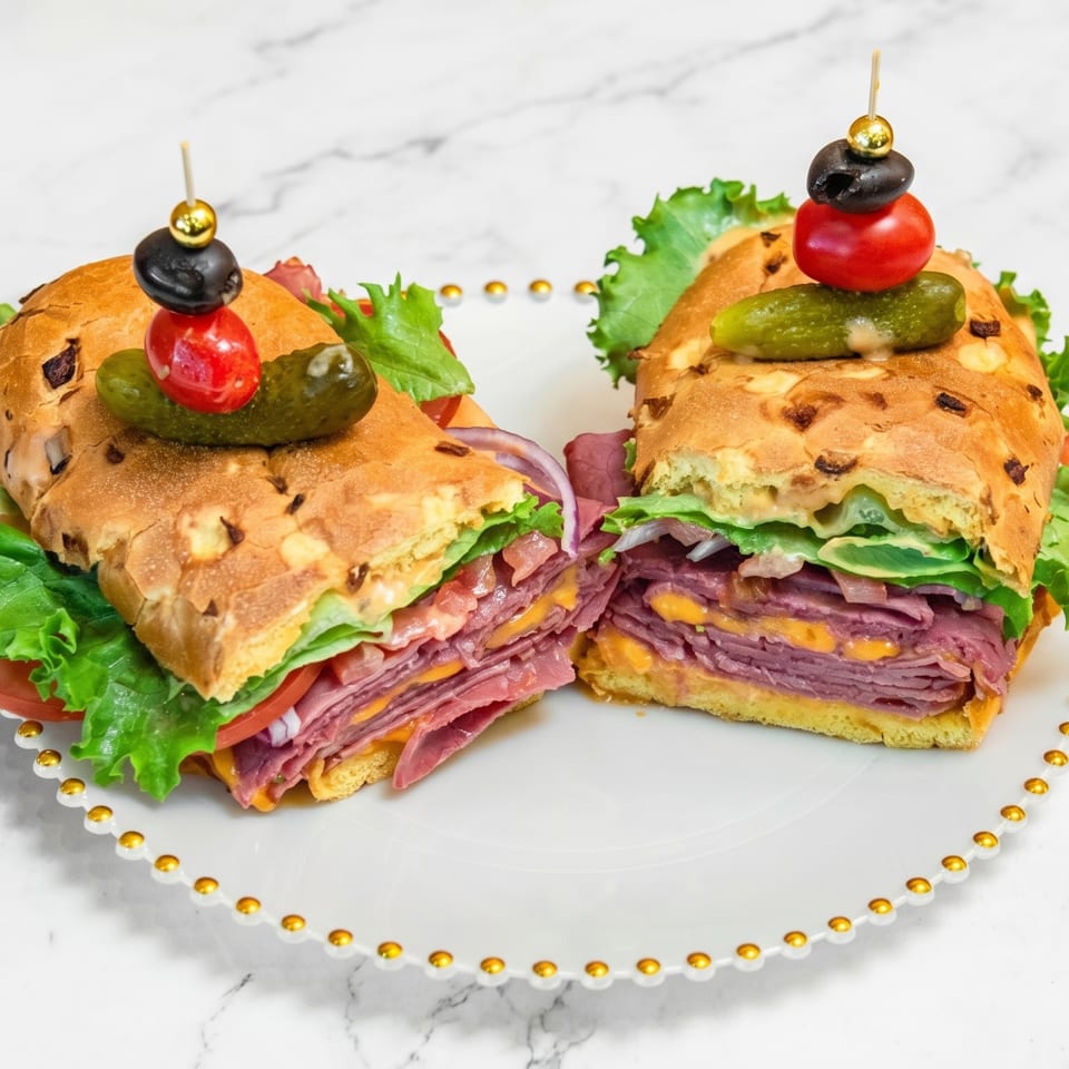 Two halves of a deli sandwich with meat, cheese, lettuce, and tomato on a white plate.