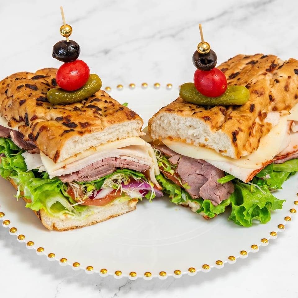 Two halves of a deli sandwich with roast beef, turkey, cheese, and vegetables on focaccia bread.