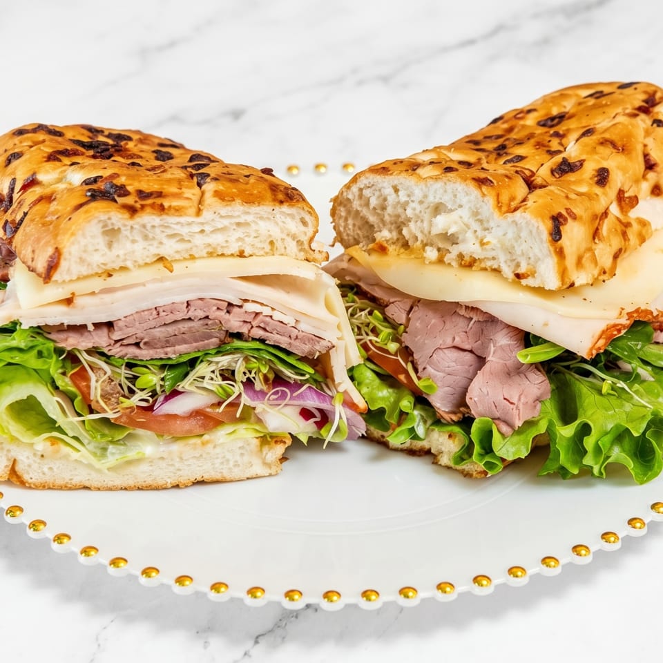 Two halves of a deli sandwich with roast beef, turkey, cheese, lettuce, and sprouts on a white plate.