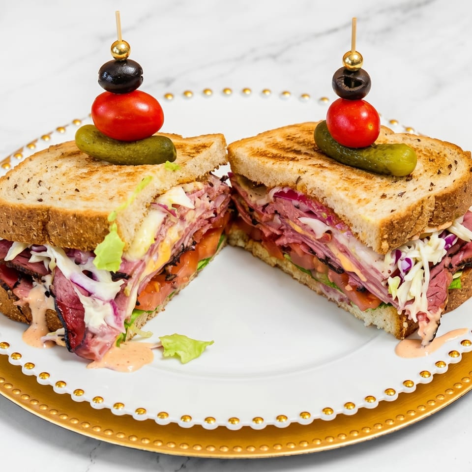 Two halves of a deli sandwich with pastrami, coleslaw, and sauce, garnished with a pickle and skewer.