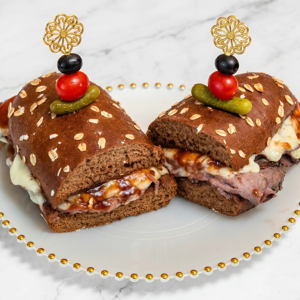 Two roast beef sandwiches with melted cheese and sauce on oat-topped bread, garnished with olives, tomato, and pickle.