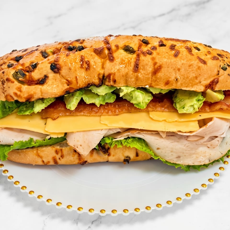 A large turkey, bacon, avocado, and cheese sandwich on a jalapeño cheddar roll.